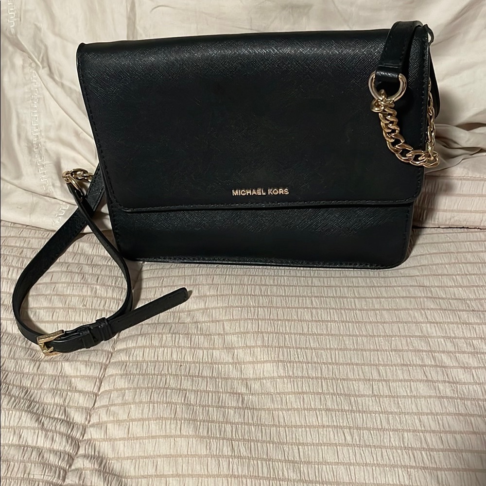 Michael Kors Black Crossbody Bag Gold Chain Detail Timeless Little Black Bag
